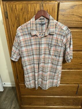 Eddie Bauer Men's Short-Sleeve Plaid Button-Down - Cream, Orange & Blue